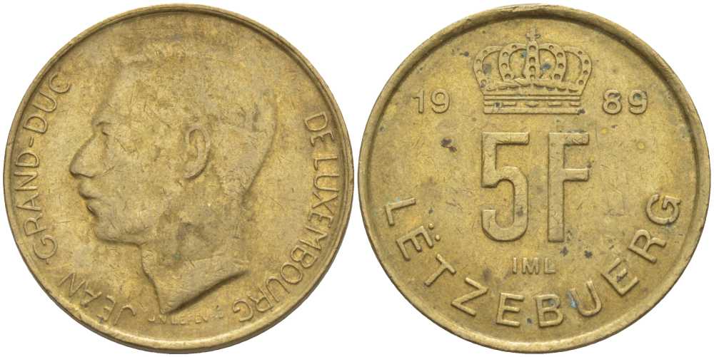 ЛЮКСЕМБУРГ 5 ФРАНКОВ 1989 ГЕРЦОГ ЖАН (1964-2000) KM 65 латунь 4402-244