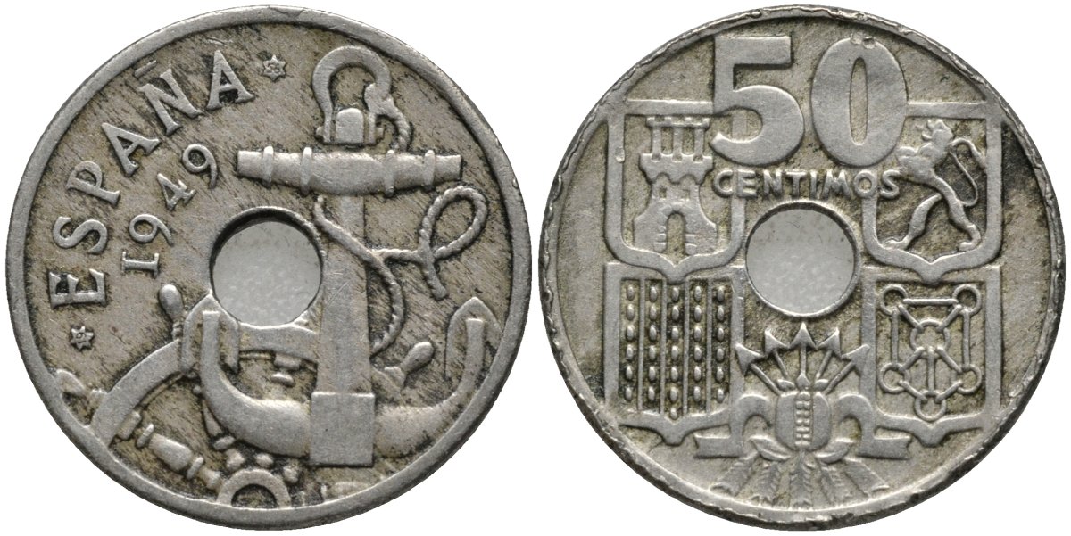 Испания 50 сентимо 1949 (56) Франко (1939-1975), морская атрибутика KM 777 медно-никель 4171-427