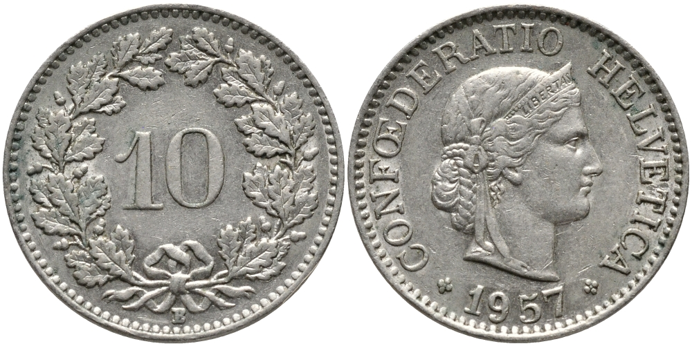 ШВЕЙЦАРИЯ 10 РАППЕНОВ 1957 KM 27 медно-никель 4392-1258
