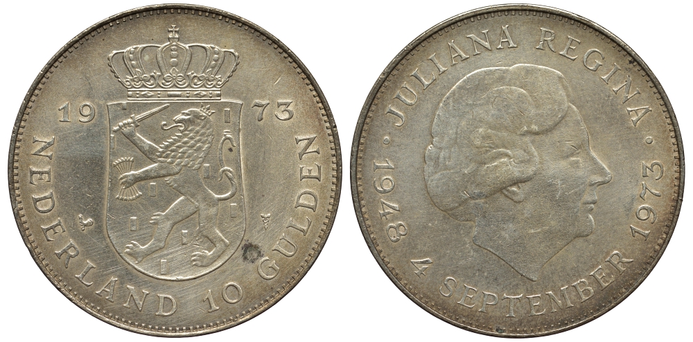 Нидерланды 10 гульденов 1973 25 лет правления королевы Юлианы KM 196 серебро aUNC 443-213