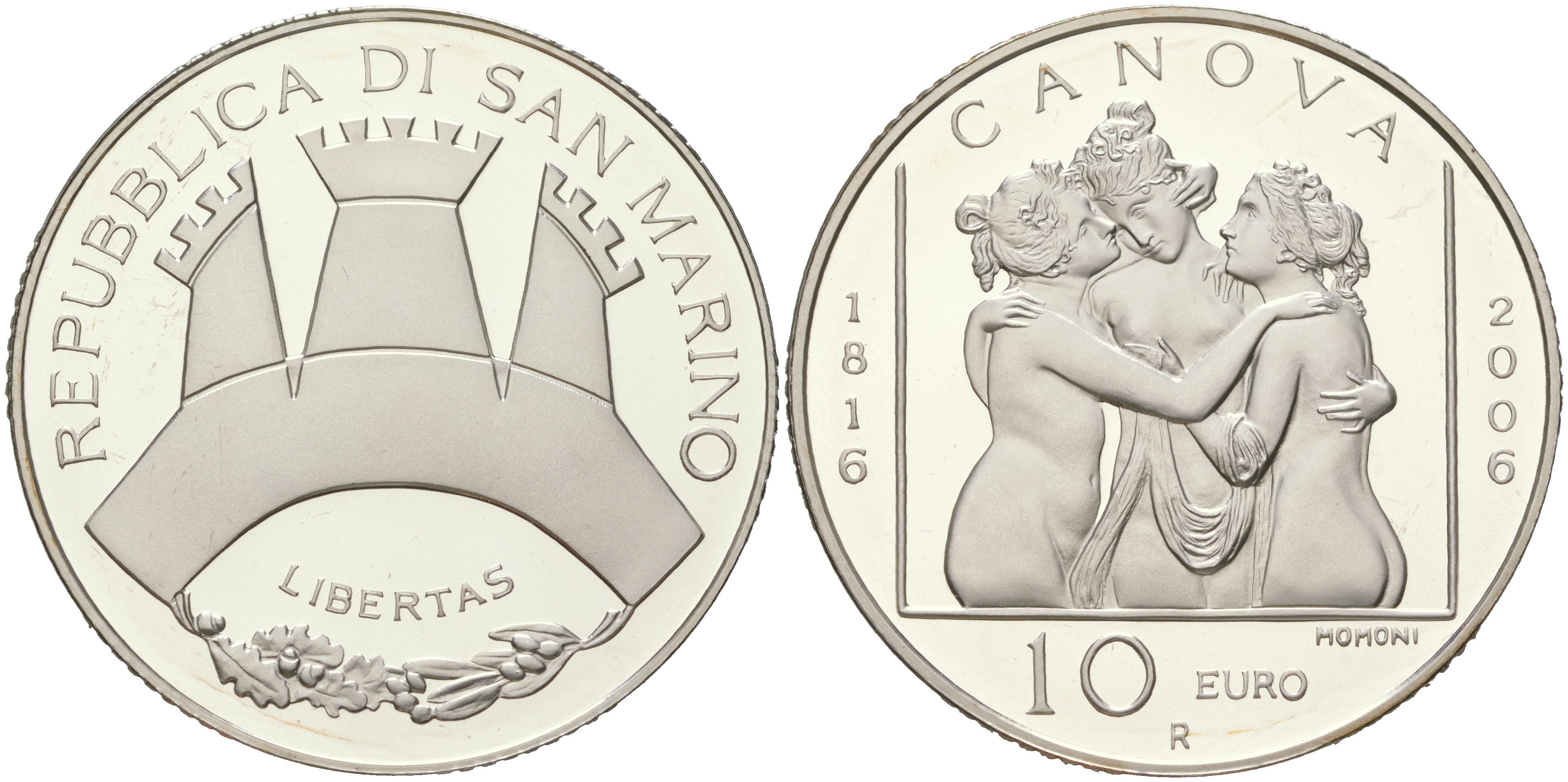 Сан-Марино 10 евро 2006 Антонио Канова, Три Грации, в оригинальной коробке с сертификатом KM 477 серебро PROOF 4-3-5-12