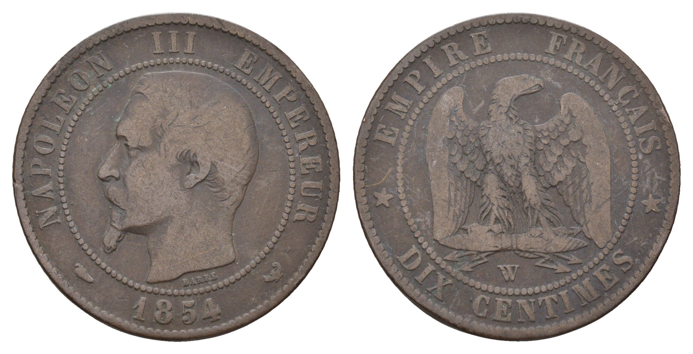 Франция 10 сантимов 1854 W, Наполеон III (1852-1870) KM 771.7 бронза 35-534