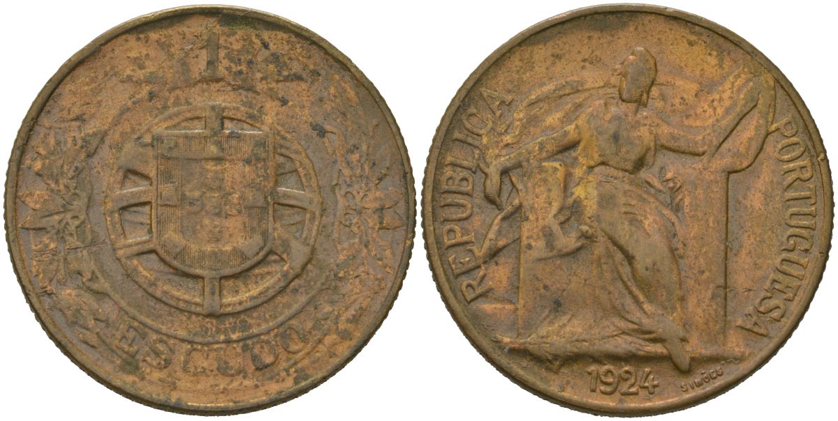 Португалия 1 эскудо 1924 KM 576 алюминиевая бронза 4579-114