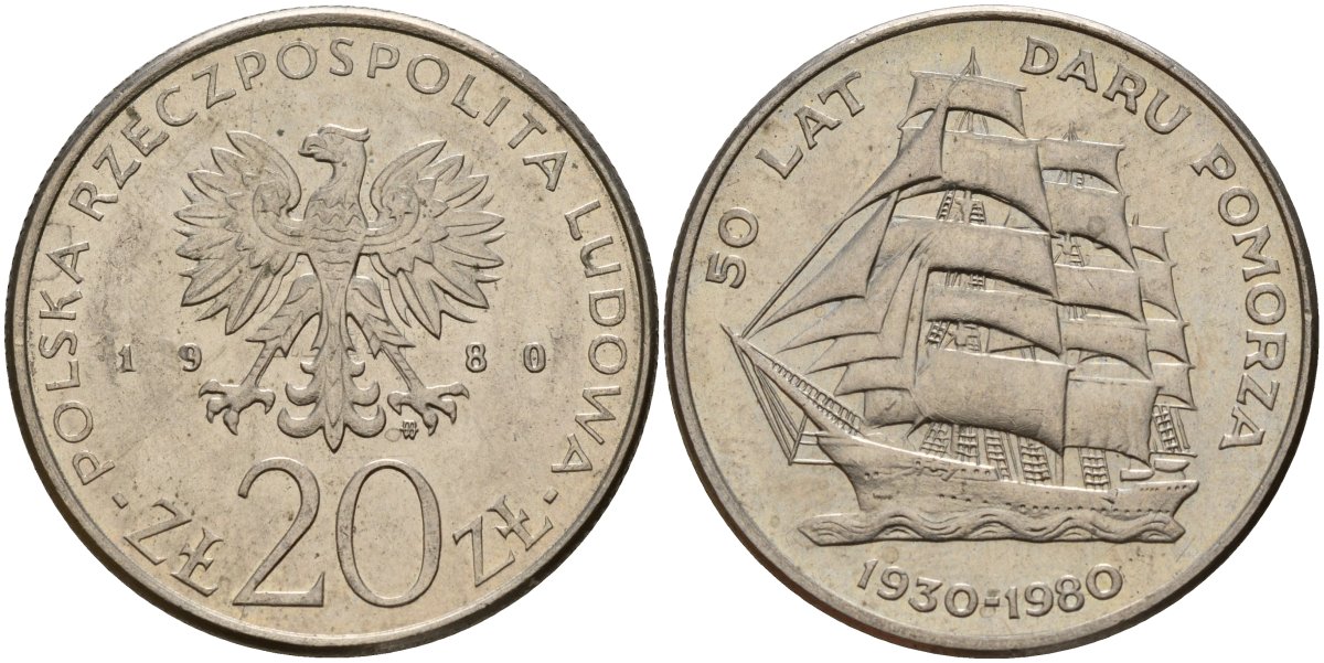 Польша 20 злотых 1980 MW, 50 лет фрегату «Дары Поморца» KM 112, Parchimowicz 253 медно-никель 4157-1021