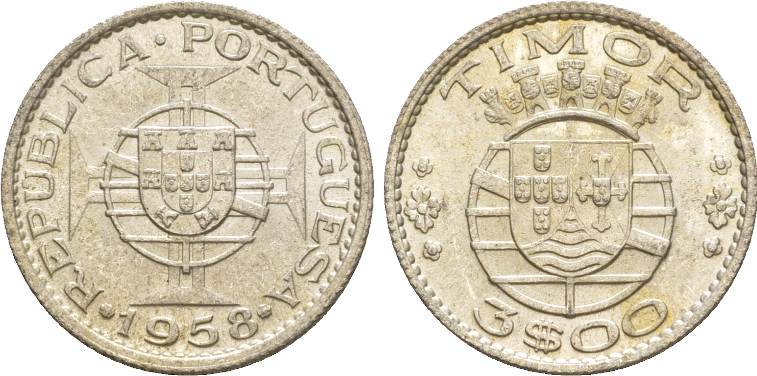 Португальский Тимор 3 эскудо 1958  KM 14 серебро  aUNC 4635-844