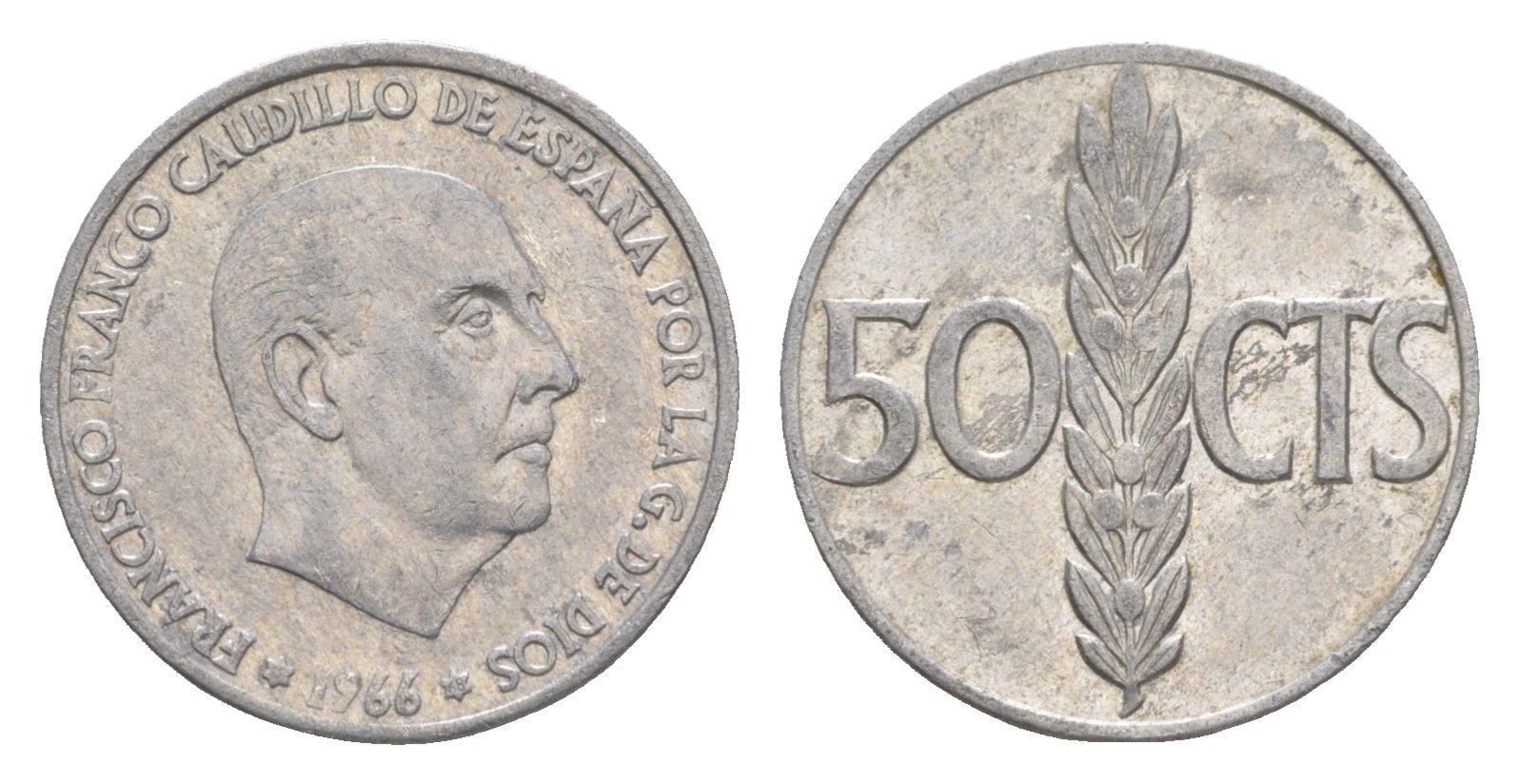 Испания 50 сентимо 1966 (68) Франсиско Франко (1939-1975) KM 795 алюминий 4611-415