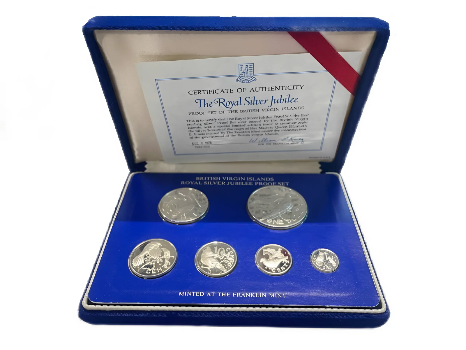 Британские Виргинские острова набор из 6 монет 1977 25 лет правления Елизаветы II (1952-2022), птички, в картонном буклете, запайка, в оригинальной коробке, с сертификатом KM PS 6, KM 9-14 серебро  PROOF  8-2-04-13
