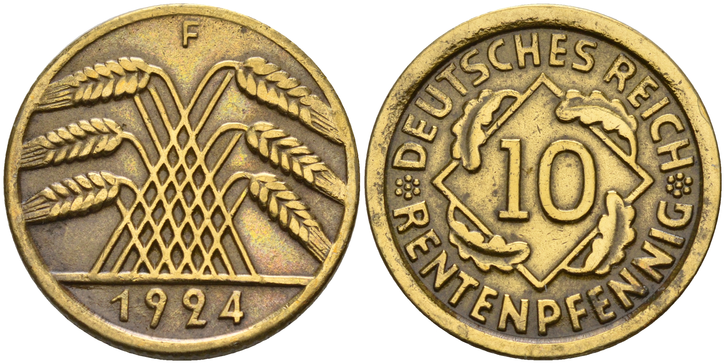 Германия 10 рентенпфеннигов 1924 F KM 33, J. 309 алюминиевая бронза    4153-521