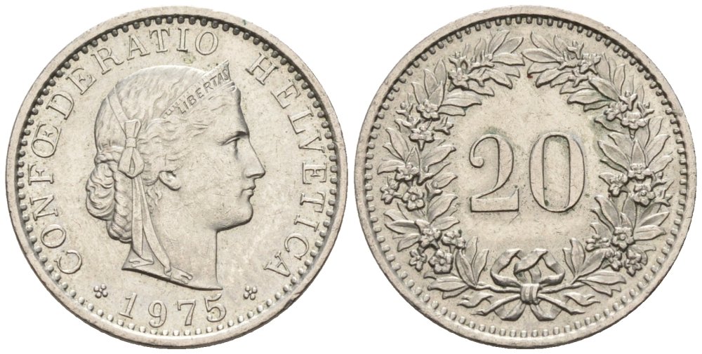 Швейцария 20 раппенов 1975 KM 29а медно-никель 4576-964