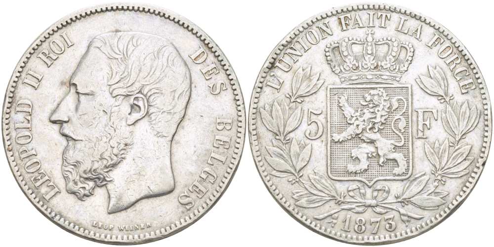 Бельгия 5 франков 1873 Леопольд II (1865-1909) KM 24 серебро 4184-624