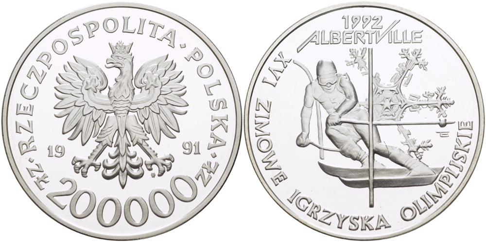Польша 200000 злотых 1991 MW, XVI Зимние Олимпийские игры 1992 в Альбервиле, горные лыжи, гигантский слалом KM 226, Parchimowicz 643 серебро  PROOF  1071-5-41