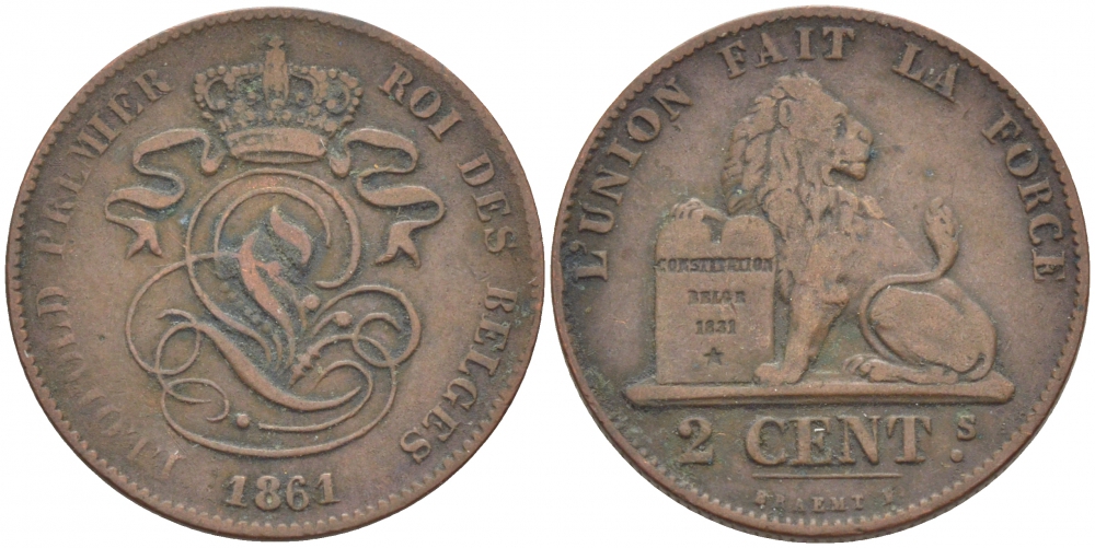 БЕЛЬГИЯ 2 САНТИМА 1861 BELGES KM 4.2 медь 4448-723