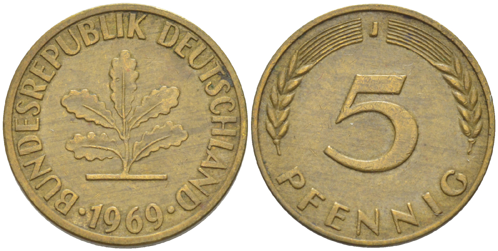 ФРГ 5 ПФЕННИГОВ 1969 J KM 107, J. 382 сталь плакированная латунью 4181-923