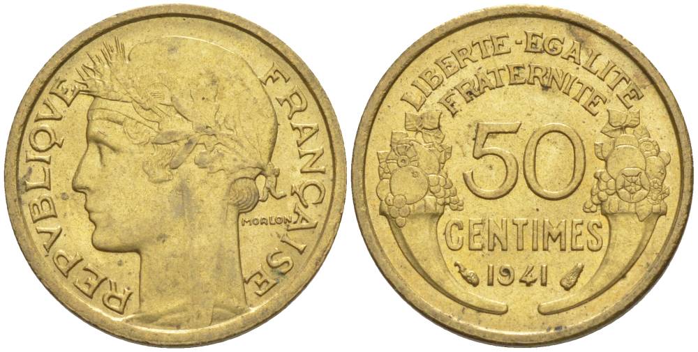 ФРАНЦИЯ 50 САНТИМОВ 1941 ТИП MORLON KM 894.1, LE FRANC 192.18 алюминиевая бронза 44-627