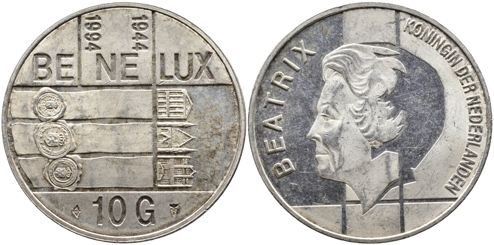 Нидерланды 10 гульденов 1994 50 лет Бе-Ни-Люкс, три здания парламентов KM 216 серебро PROOF 1524-743
