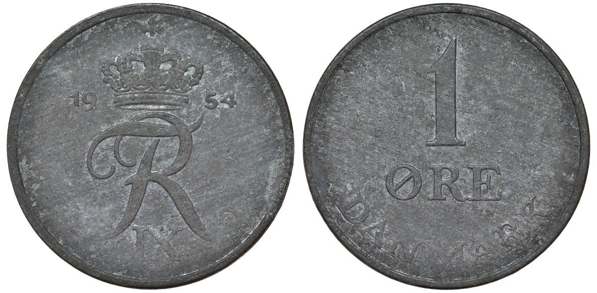 Дания 1 эре 1954 Фредерик IX KM 839.1 цинк 4164-143