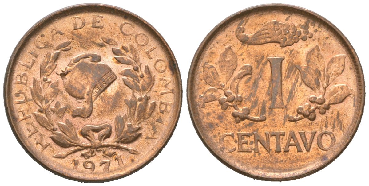 Колумбия 1 сентаво 1971 KM 205a, Schon 25a, Hernandez 336, Restrepo сталь плакированная медью 4588-926