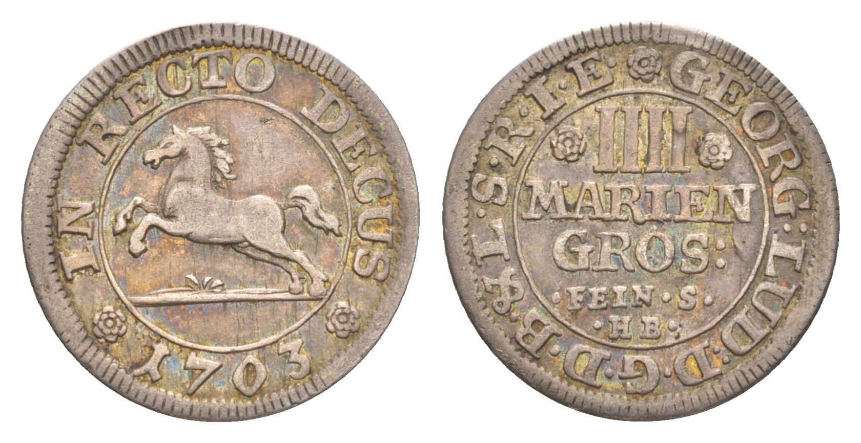 Брауншвейг-Каленберг-Ганновер 4 мариенгроша 1703 HB, Георг I (1698-1727), из коллекции Ричарда Б. Смита Welter 2197, KM 33 серебро 1525-545