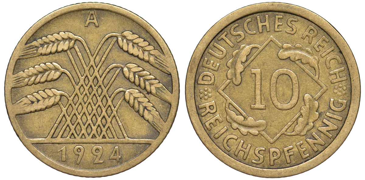 Германия 10 рейхспфеннигов 1924 A KM 40, J. 317 алюминиевая бронза 4604-653