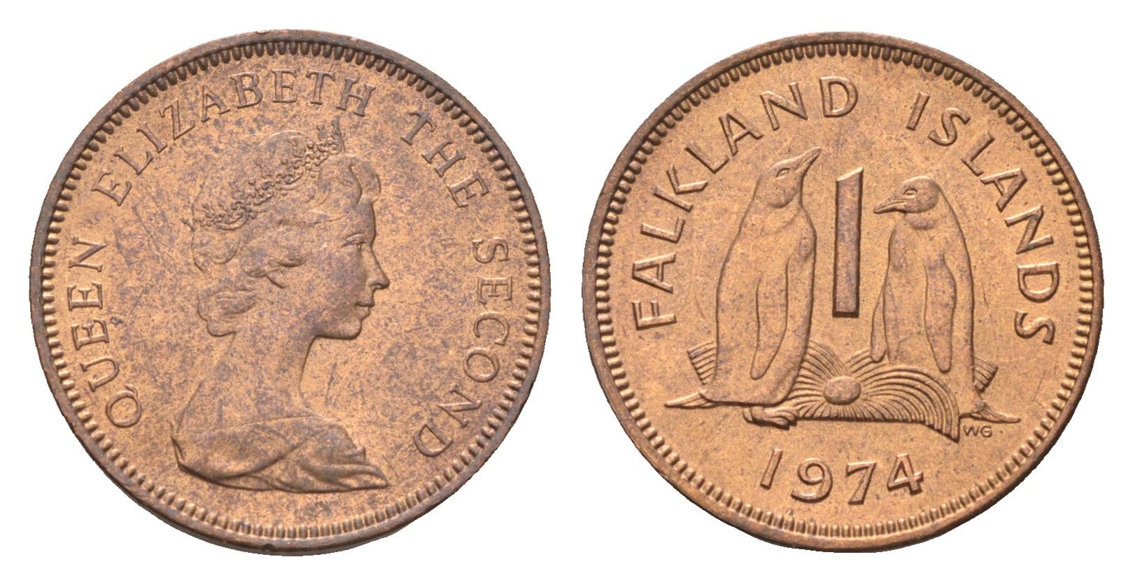 Фолклендские острова (Фолкленды) 1 пенни 1974 Елизавета II (1952-2022), папуанский пингвин KM 2 бронза UNC 4668-534
