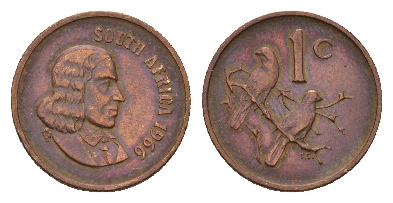 ЮАР 1 цент 1966 Ян ван Рибек (1619-1677), South Africa, легенда на африкаанс, капские воробьи KM 65.1 бронза 4682-719