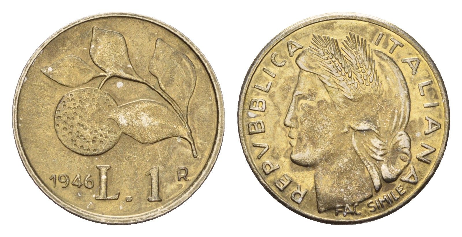 Италия копия монеты - жетон - 1 лира 1946 диаметр 20 мм, вес 2,3 гр тип - KM 87 латунь 4669-262