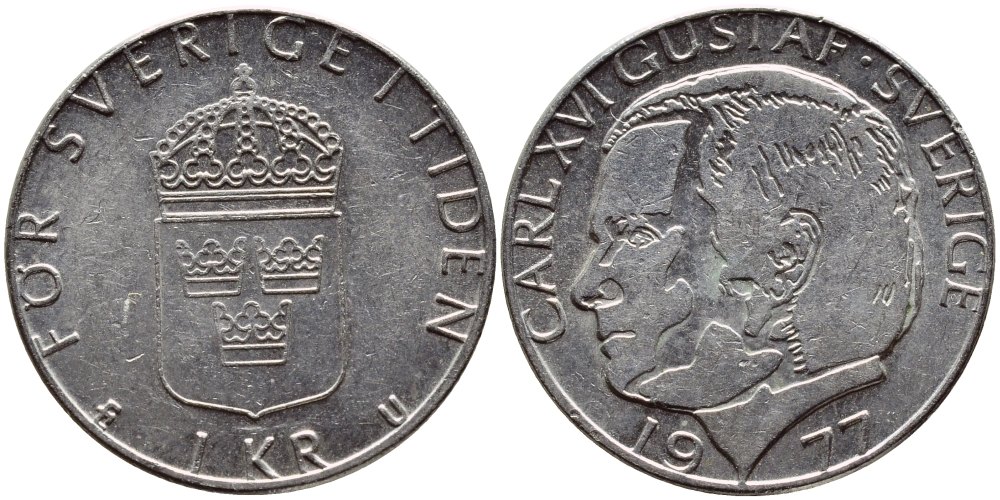 Швеция 1 крона 1977 Карл XVI Густав (1973- ) KM 852 медь плакированная медно-никелем 4397-522