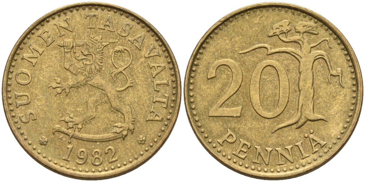 Финляндия 20 пенни 1982 KM 47 алюминиевая бронза 4586-646