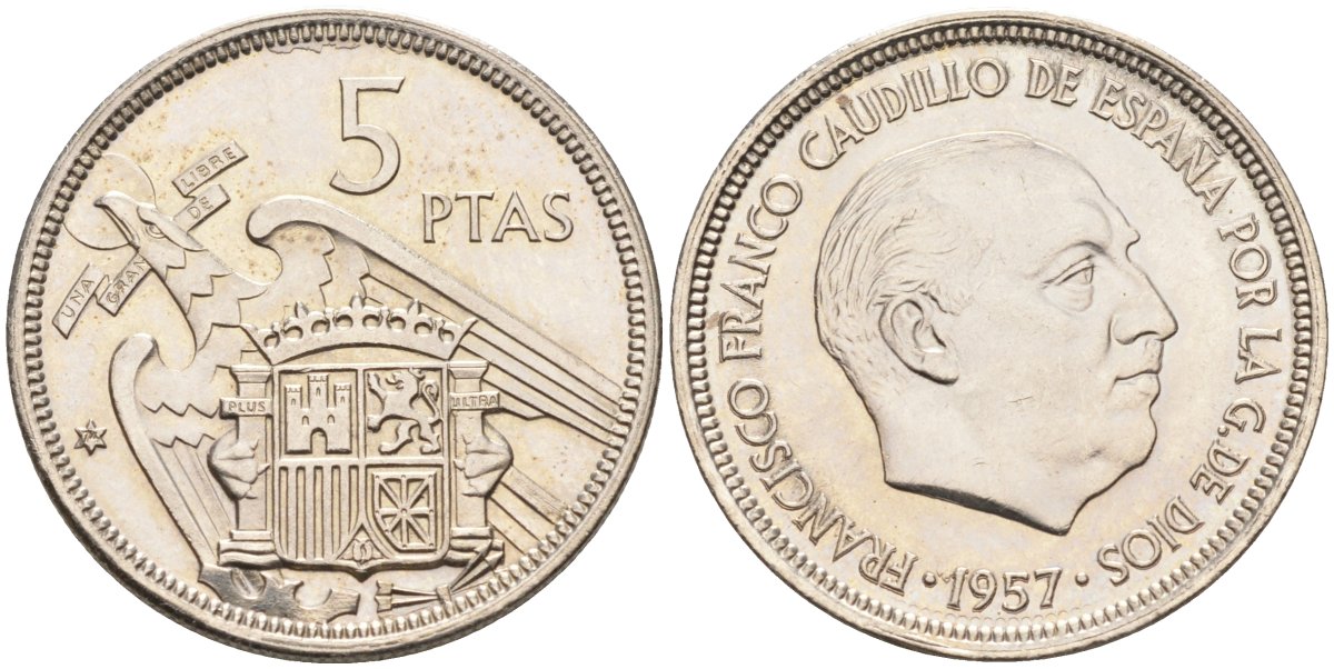 Испания 5 песет 1957(74) Франциско Франко (1939-1975) KM 786 медно-никель UNC 4583-1135