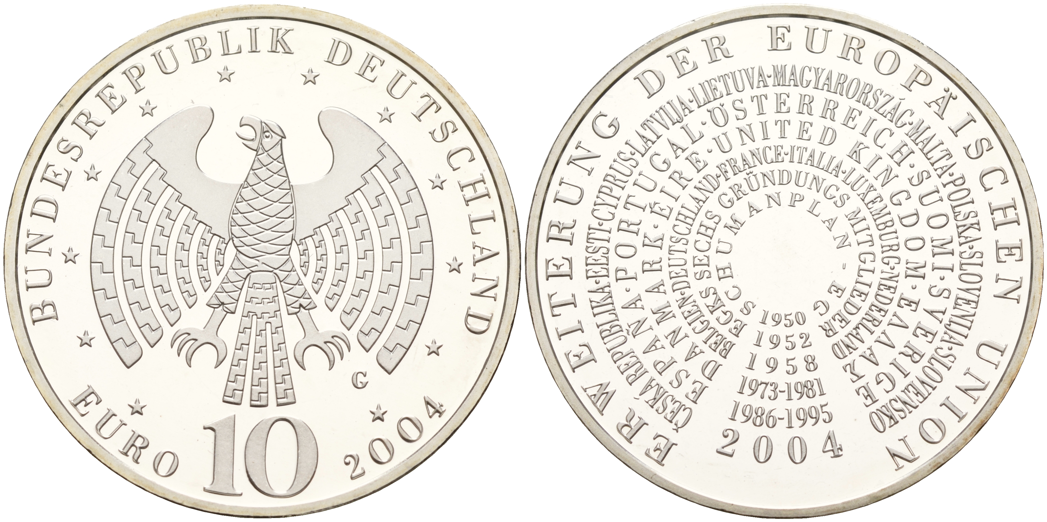 ФРГ 10 евро 2004 G, расширение Евросоюза KM 231, DE.S 10.14 серебро PROOF 1066-3-11