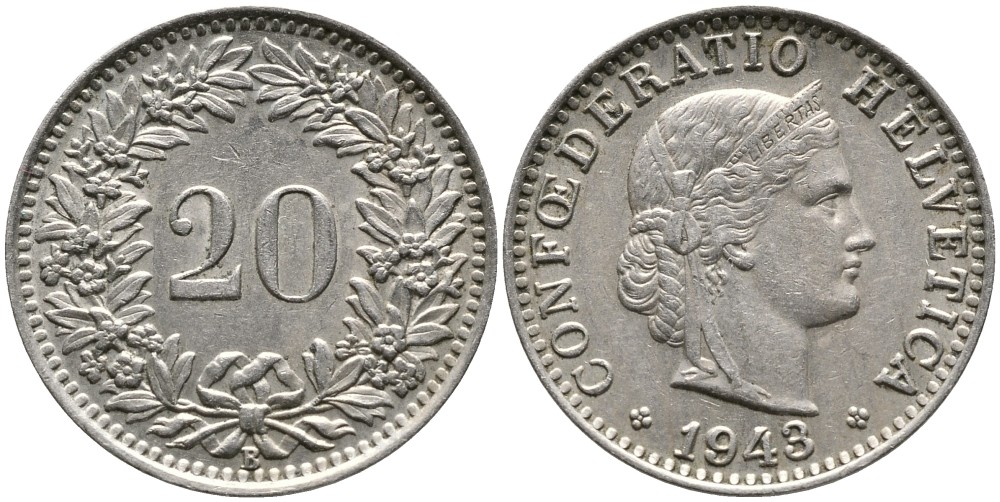 ШВЕЙЦАРИЯ 20 РАППЕНОВ 1943 В KM 29а медно-никель 4539-543