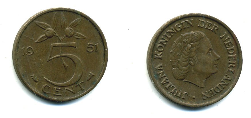 НИДЕРЛАНДЫ 5 ЦЕНТОВ 1951 ЮЛИАНА KM 181 бронза 76-413