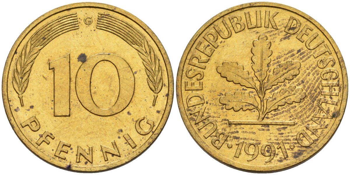ФРГ 10 пфеннигов 1991 G KM 108, J. 383 сталь плакированная латунью 4175-1055