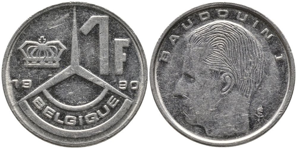БЕЛЬГИЯ 1 ФРАНК 1990 BELGIQUE KM 170 сталь плакированная никелем 99-1223