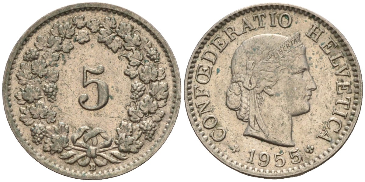Швейцария 5 раппенов 1955 KM 26 медно-никель 4596-645