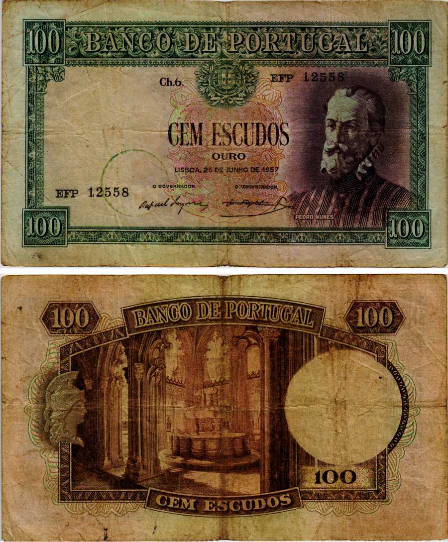 ПОРТУГАЛИЯ 100 ЭСКУДО 1957 26 ИЮНЯ 1957, ПЕДРО НУНЕС, ФОНТАН Pick 159 бумага 6281-28-3-1