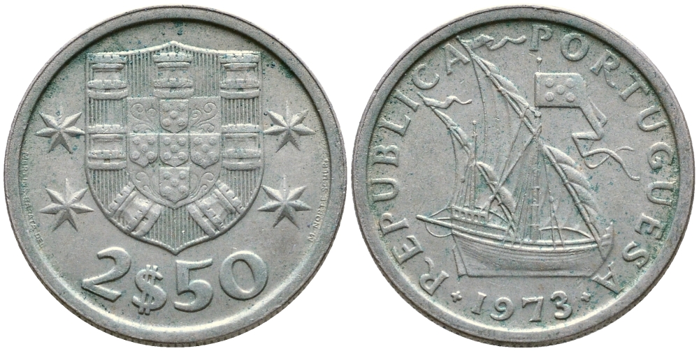 ПОРТУГАЛИЯ 2,5 ЭСКУДО 1973 ПАРУСНИК KM 590 медно-никель 4387-118