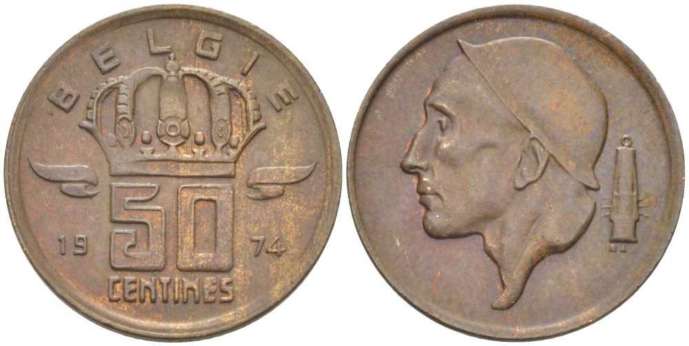 Бельгия 50 сантимов 1974 Belgie, Бодуэн I (1951-1993) KM 149.1 бронза 206-154