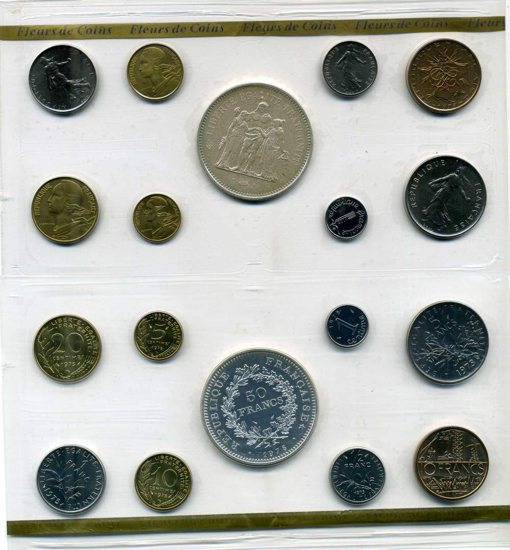 Франция госнабор из 9 монет 1975 в оригинальном буклете 50 франков Геркулес серебро UNC 7-5-2-26