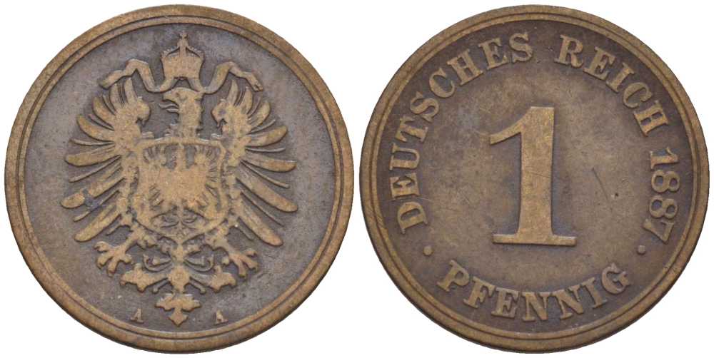 ГЕРМАНИЯ 1 ПФЕННИГ 1887 A, СТАРОГЕРБОВКА KM 1, J. 1, Weege 1 медь 206-1253