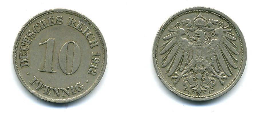 ГЕРМАНИЯ 10 ПФЕННИГОВ 1912 D KM 12, J. 13 медно-никель 54-461