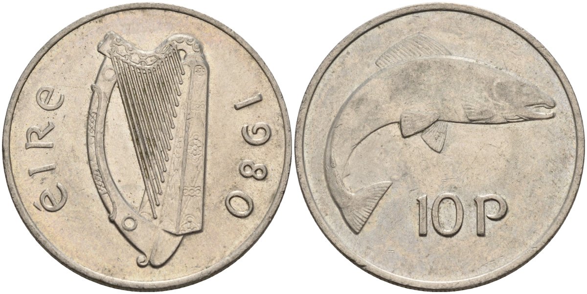 Ирландия 10 пенсов 1980 лосось KM 23 медно-никель 4144-1025