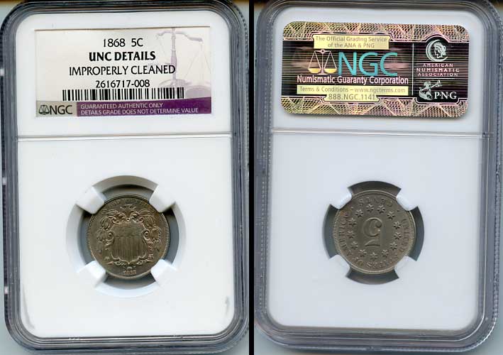США 5 центов 1868 Щит Союза, в слабе NGS UNC DETAILES KM 97 медно-никель  UNC  15-008-10
