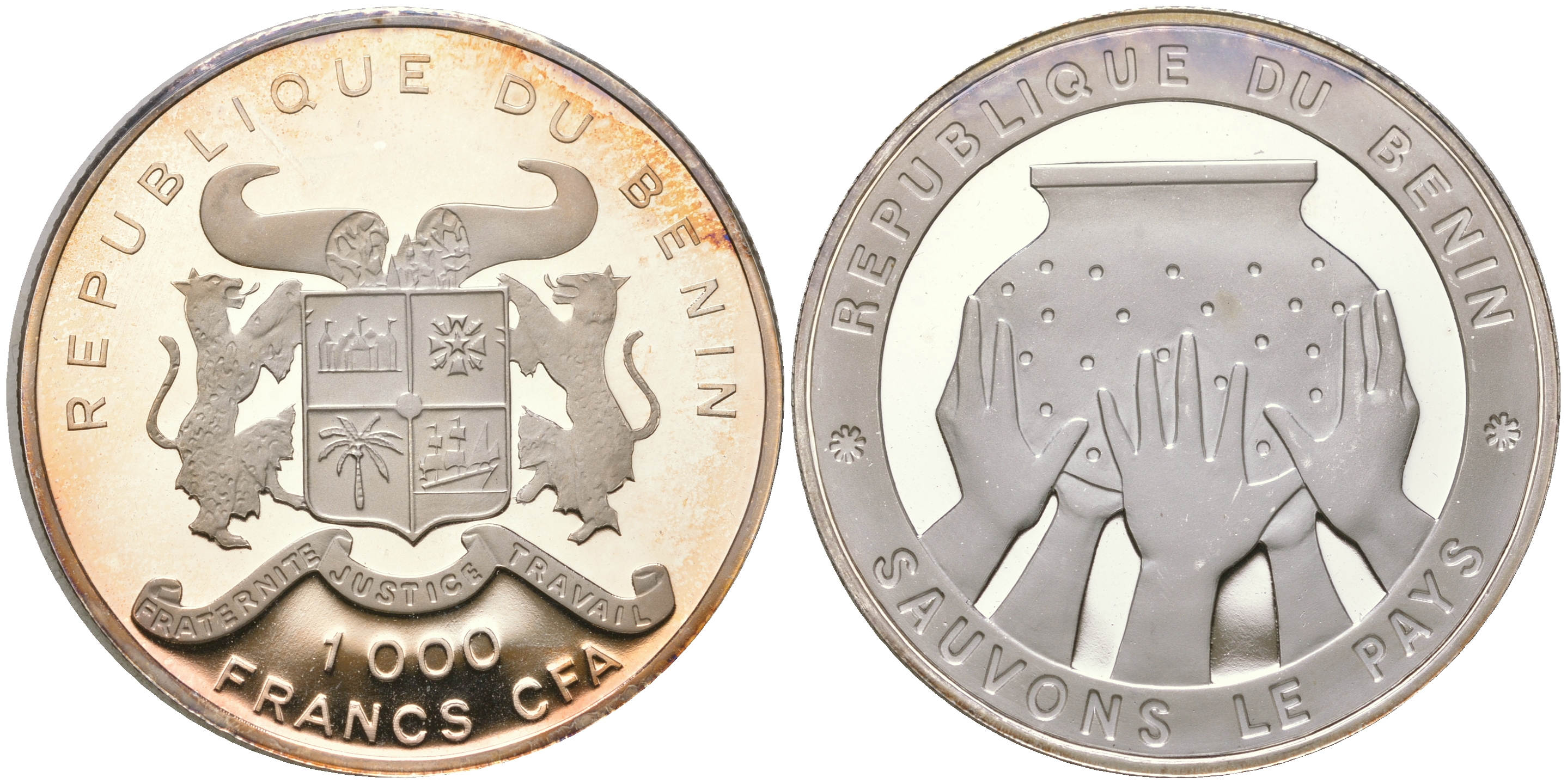 Бенин 1000 франков 1992 спасите страну, пять рук держат сосуд KM 1 серебро  PROOF  11-143-21