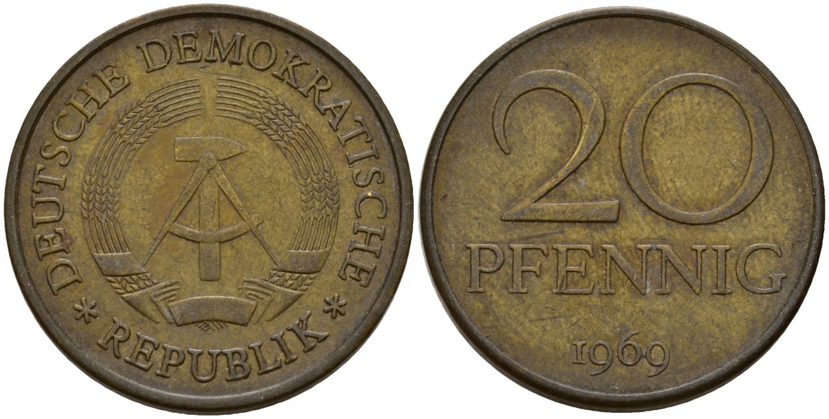 ГДР 20 пфеннигов 1969 A, первый год KM 11 латунь 92-937