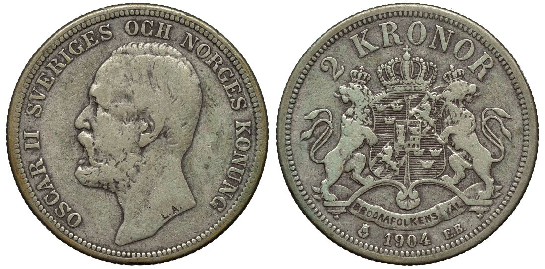 Швеция 2 кроны 1904 EB, Оскар II (1872-1907) король Швеции и Норвегии KM 761 серебро 413-6233
