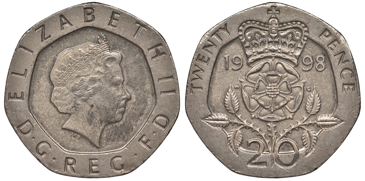 Великобритания 20 пенсов 1998 Елизавета II (1952-2022) KM 990, Spink 4630 (G3) медно-никель 4122-1132
