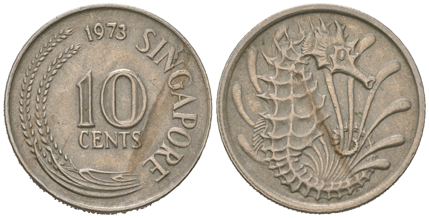 Сингапур 10 центов 1973 морской конек KM 3 медно-никель 4623-327