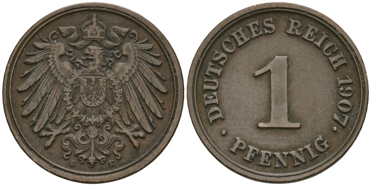 Германия 1 пфенниг 1907 E, Вильгельм II (1888-1918) KM 10, J. 10 медь 4608-161