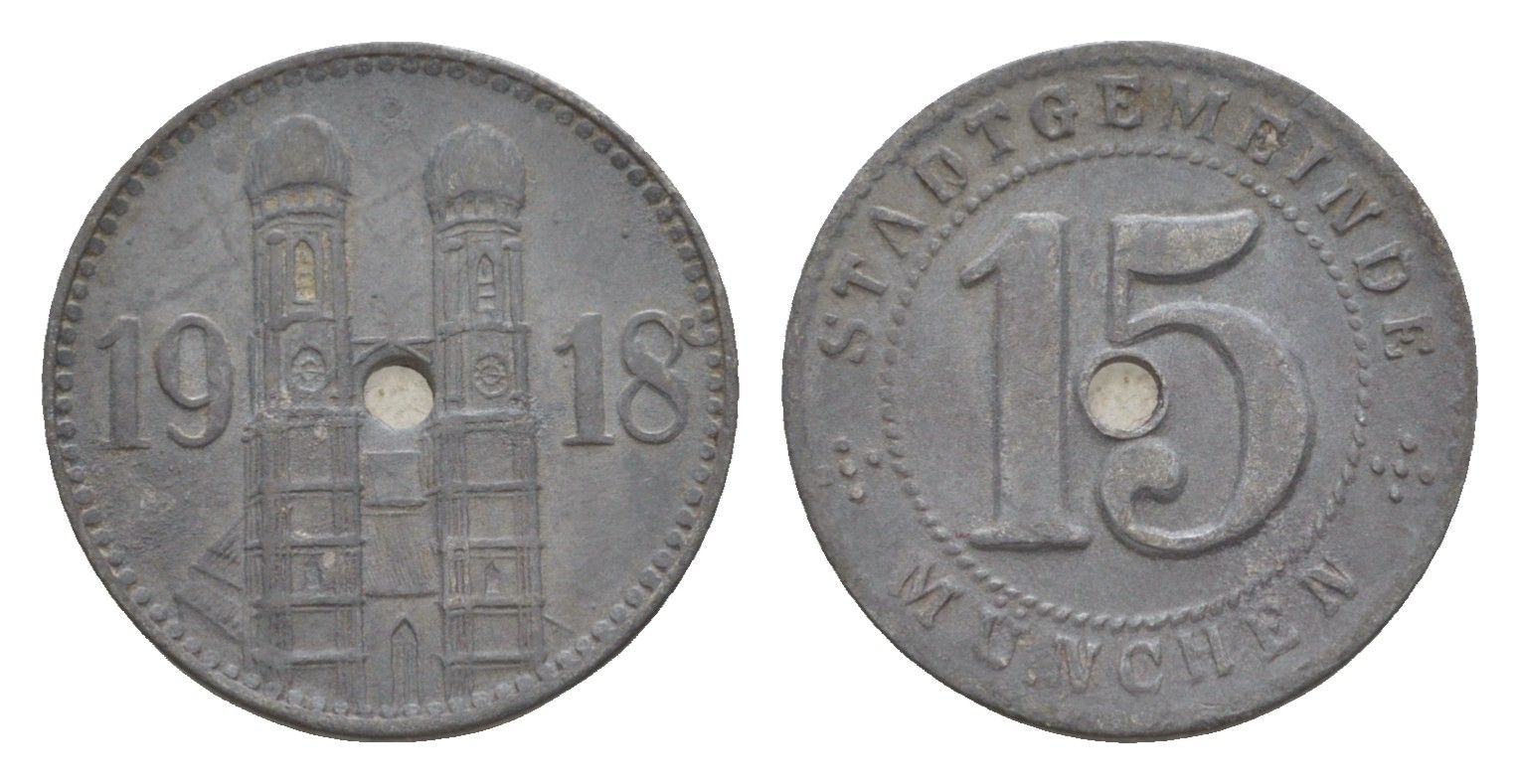 Мюнхен 15 пфеннигов 1918 Funck 348.1A, Men18 22407.1 цинк 4643-865